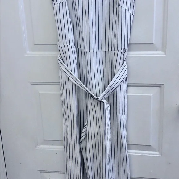 LOFT White Sleeveless Pinstripe Belted Jumpsuit - Picture 3 of 9